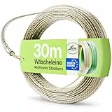 Luna® Wäscheleine 30m - Wäscheleine extra stark mit Stahleinlage - Dehnungsfrei & Witterungsbeständig - Inklusive Spanner - Transparente Kunststoff-Ummantelung ideal für Garten & Camping - Made in EU