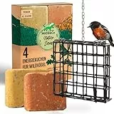 Mice&Co Futterstation für Wildvögel, für den Außenbereich, Energiekuchen, Natürliche Suet Kuchen für Wildvögel Futterspender für Garten | Pack 1 Futterspender und 4 Energiekuchen