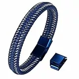 JewelryWe Schmuck Jazz Herren Reines Leder Armband Blau Edelstahl Magnetverschluss Größe einstellbar 8,2 '-8,7' (21-22cm) mit Kostenloser Geschenkpackung