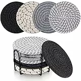 8 STK Untersetzer Gläser, Glasuntersetzer Rund für Gläser, Tassenuntersetzer mit Halter, Getränkeuntersetzer, rutschfest Tischuntersetzer Geflochtenes Baumwolle für Getränke Tassen Glas Coasters