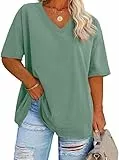 Fisoew Damen Große Größen T-Shirt Halbarm Shirt mit V-Ausschnitt Sommer Lose Basic Oberteil Oversize Kurzarm Baumwolle Tee Tops(Grün, XXL)