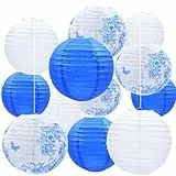 12 Stück blaue und weiße Papierlaternen - Chinesischer Porzellan-Stil Hängelaterne Set mit Blumendruck für Hochzeit, Party, Babyparty, Innen- und Außendekorationen