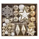 Valery Madelyn Weihnachtskugeln 90 Stücke Christbaumkugeln Weihnachtsbaumschmuck Bruchsicher Plastik Weihnachtendeko-Set mit Anhänger für Party Weihnachtsdeko Gold Weiß Elegant Thema