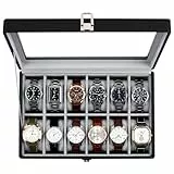 KILHS Uhrenbox Herren mit 12 Fächern, Uhrenaufbewahrung mit Glasdeckel, Uhrenkasten mit herausnehmbaren Uhrenkissen, goldener Metallverschluss, Geschenkidee, PU-Leder in Schwarz, graues Samtfutter