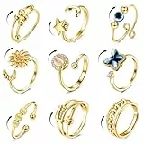 CASSIECA 9 Pcs Angst Spinnerei Ring mit Perlen für Frauen Männer Fidget Ringe für Angst dünne Stapelbar Ringe Stress Entlastungsring Anxiety Zirkonia Blume Offen Spinner Ring Gold