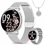 BANLVS Smartwatch Damen mit Telefonfunktion, 1.27“ HD Uhren Damen mit 110 Sportmodi, Pulsmesser, Schlafmonitor, Menstruationszyklus, SpO2 und BMI, IP68 Wasserdicht Smartwatch für Android iOS, Silber