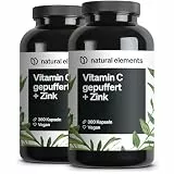 natural elements Vitamin C (2er Set) - 2x 360 Kapseln - Hochdosiert mit 1000mg + 15mg Zink - Pflanzlich fermentiert & gepuffert (pH-neutral, säurefrei, magenschonend) - vegan, laborgeprüfte Qualität