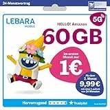 LEBARA Handytarif Hello! Amazon | 60 GB Datenvolumen | 9,99€ mtl. | 5G mit bis zu 50 Mbit/s | Allnet-Flat Telefonie & SMS Deutschland inkl. EU-Roaming | 200 Auslandsminuten