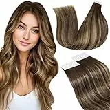 LaaVoo Remy Extensions Echthaar Tape Braun Ombre Echthaar Tape Extensions Dunkelbraun Balayage Karamellblond 35cm Invisible Tape Extensions Echthaar Skin Weft 50g 20pcs #4/27/4