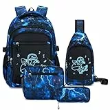 Amythe Schulrucksack Jungen Teenager, 4-tlg. Schulranzen Set mit Brusttasche Brottasche Federmappe für Jungen 3.-9. Klasse, Stilvoll Rucksack Schultasche Tagesrucksäcke,Blau