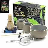 TEANAGOO Matcha Set Matcha Schale mit Ausgieße Bambus Matcha Scoop Matcha Whisk Holding Tee Making Kit. 1 Japanisches Tee-Set (7pcs) + 2 Tassen (205 ml), S2, Dunkleres Grau