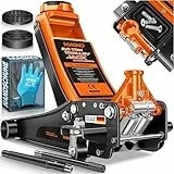 MASKO® Wagenheber hydraulisch 3T Flache Hubhöhe 85-485mm 3X Gummiauflage KFZ Rangierwagenheber SUV, 360° Rollen, inkl. Handschuhe, Rollen Heber Unterstellbock für tiefergelegt bis hoch