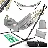 KESSER® Hängematte Lake mit Gestell, Doppel für 2 Personen, 200kg Belastbarkeit, Indoor & Outdoor, XXL Hängesessel, Garten, Pool, Balkon, Terrasse, Inkl. Kissen, Beutel & Tasche, Grau