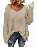 Saodimallsu Damen V-Ausschnitt Pullover Loose Fit Sweatshirt Strickpullover Langarmshirts Oversize Oberteile Beige XL