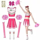 Charmofun Cheerleader Kostüm Kinder, Cheerleader Outfit Mädchen, Cheerleading Uniform Kinder mit Pompoms, Cheerleading-stäbe, Socken, Kopfschmuck, Faschingskostüme Kinder für Karneval Halloween