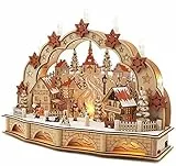 Wichtelstube-Kollektion Holzkunst LED Schwibbogen mit Sockel Seiffener Kirche Schwibbogen Lichterbogen Weihnachtsdeko Fenster Echtholz, Batteriebetrieben inkl. Timer