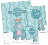 OLGS Geschenkset Petrol Vintage Nashorn U-Heft- & Impfpasshülle, Sammelmappe'Meine Kindergartenzeit' A4 (Geschenkset, Nashorn)