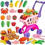 BUYGER Einkaufswagen für Kinder, mit 12 Musik und Licht, 5 Arten von Schneiden Obst Gemüse Lebensmittel Spielzeug, Küchenspielzeug Kaufladen Zubehör Rollenspiel Geschenk für 3+ Jahren