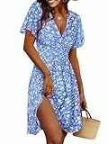 Cicy Bell Damen Sommerkleid Knielang Kurzarm V Ausschnitt Wrap Kleider Blumenmuster Midikleid A-Linie Freizeitkleid Blau M