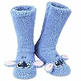Disney Antirutschsocken Damen mit 3D-Ohren, One Size ABS Kuschelsocken Damen Antirutsch Haussocken Winter Frauen Geschenke (Blau Sherpa Stitch)