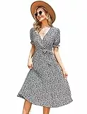 KOJOOIN Damen Sommerkleid V Ausschnitt Tunika Midikleid Plissiert Wickelkleid Kurzärm Casual Kleid A-Linie Freizeitkleid mit Gürtel, Schwarze Blume-1, L