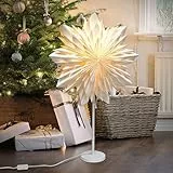 EANLOLY Stehender Weihnachtsstern Beleuchtet - LED Papierstern Weihnachten Tischlampe für Weihnachtsdeko Innen Fenster， Leuchtsterne Deko, Weihnachtsbeleuchtung Lichterkette Weiß