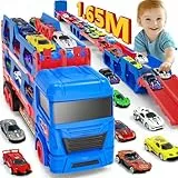 maysida Transport Truck Spielzeugautos für Jungen 3, 4, 5, 6 Jahren, 165cm&Faltbare Rennbahn Truck mit 10 Autos Spielzeug-4 Rückziehautos&6 Rennautos, Transporter Spielzeug-Kinder Geschenke für jungen