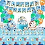 yumcute Pappteller Kindergeburtstag, 86 Stück Partygeschirr Geburtstagsdeko Cartoon Birthday Banner Luftballon Party Geschirrset Pappteller Becher Servietten Tischdecke Kuchen Deko Kinder