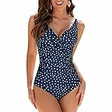 Veranobreeze Badeanzug Damen Bauchweg Einteilige V Ausschnitt Raffung Shape Badeanzug Damen Große Größe Push Up Badeanzüge für Damen(Navy/White Dot, EU42)