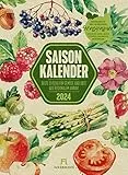 Saisonkalender Gemüse & Obst Kalender 2024, Wandkalender auf Graspapier im Hochformat (33x45 cm) - Illustrierter Kalender