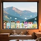 ANATTASOUL Fensterbilder Doppelseitig Haus Und Weiße Wolken Fensterdeko Wiederverwendbar Fenstersticker Blickdichter Fenster Aufkleber Deko Herbst Winter für Wohnzimmer Badezimmer