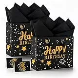 2 Stück Geschenktüte Geburtstag, 33x26x12cm Geschenktüte Groß, Schwarz-Goldene Metallische GroßeGeschenktüte, mit Seidenpapier Und Grußkarte, Geschenktüten Geburtstag mit Henkeln