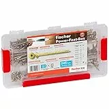 fischer PowerFast Sortimentsbox, vorsortierte Box mit 245 gelbverzinkten Premium-Spanplattenschrauben in vers. Abmessungen, mit Senkkopf, Teilgewinde und TX-Antrieb, inkl. zwei passenden Bits