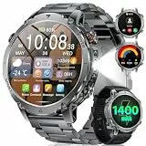 LIGE Militär Smartwatch Herren, 1400mAh Akku, 1,85 Zoll HD Große Smart Watch mit LED Taschenlampe, Bluetooth Anruf, 110+ Sportmodi, IP68 Wasserdicht, Fitnessuhr für Android iOS, 2 Armbändern (Schwarz)