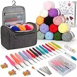 Coopay 73 Stück Häkelset für Anfänger, Tragbar Häkelnadel Set mit 15 Wolle, Tasche, Häkelzubehör, 2,0-10 mm Ergonomische Häkelnadeln mit Lang Weicher Griff, Praktische Häkelnadel Set, Grau