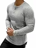 Muscle Cmdr Muscle Henley Shirt Herren Langarm, Slim-fit Langarmshirt, Freizeit T-Shirt aus Baumwolle mit Kurzen/Langen Ärmeln,Schlanke Passform Geripptes Hemd Grau/S