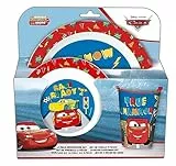 P:os 33711088 Frühstücksset Cars, 3-teiliges Geschirrset mit Teller, Schüssel und Becher, Kindergeschirr aus Kunststoff, spülmaschinenfest/mikrowellengeeignet