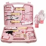 Grenebo 12-teiliges Gartenwerkzeug Set für Frauen, rostfreie & strapazierfähige Gartengeräte mit robustem Transportbehälter, modische & durchdachte Garten Geschenke für Frauen (Rosa)