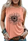 VEUNCOS Tank Top Damen Lang Ärmellos Sonnenblume Print Weste Lässig Lose Party Oberteile Rundhals Casual Shirts Tops Orange Sonnenblume XL