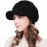 Comhats Fancet Damen Dicke Strickmütze gestrickte Barett Mütze mit Visor Baskenmütze Schirmmütze 10120_Schwarz(gesteppt Futter)