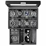 ProCase 8 Slot Uhrenbox, Uhrenkasten mit Glasdeckel Uhrenkissen, Uhrenkoffer für Schmuck Ringe Armbänder Halsketten - Schwarz
