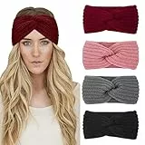 AKTVSHOW 4 Stück Winter Stirnband Damen Gestrickt Frauen Haarreifen Haarbänder Breit Ohrenwärmer Häkelarbeit Elastische Weinrot Haarschmuck