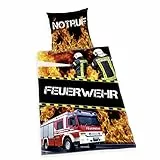 Herding Young Collection Bettwäsche-Set, Feuerwehr-Wendemotiv, Mit leichtläufigem Reißverschluss, Bettbezug 140 x 200 cm, Kopfkissenbezug 70 x 90 cm, Baumwolle/Renforcé, Schwarz