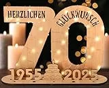 Giftota - 2025 Originelle 70 Geburtstag Geschenk Frauen & Männer - Geldgeschenke Geburtstag 70 mit LED Lichterkette Ständer - Holz-Schild Gästebuch - 70 Geburtstag Deko - Personalisierbares Geschenk