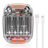Dlyfull Batterie Ladegerät,USB-C Eingang 4-Ladeplatz Akku Ladegerät AA AAA, Kompatibel mit 1,2V NIMH 1,5V Li-ionen wiederaufladbare Batterien,500mAh gleichzeitiges Laden Transparentes Akkuladegerät