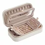 SONGMICS HOME ANAH Kollektion - Schmuckkästchen Reise, Schmuckbox klein, Schmuckaufbewahrung mit Spiegel, 10,5 x 20,5 x 6 cm, PU mit Nähten, Reißverschluss, Geschenkidee, wolkenweiß JBC180W01
