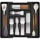 Lifewit Besteckkasten für Schubladen, Verstellbarer Besteckeinsatz Breite von 33 bis 57 cm, Schublade Besteck Organizer für Küche Tiefe 42,4 cm, Besteckhalter aus Kunststoff für Löffel/Gabeln, Schwarz