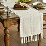 Artoid Mode Boho Creme Landhausstil Quasten Tischläufer, Waschbar Tisch Dekoration Party Geburtstag Valentinstag Hochzeit Dekor 33x143 cm