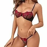 Satohom Sexy Damen 2-teiliges Dessous Sets Sonnenblumenstickerei BH und Höschen Lingerie Set Durchsichtige Mesh Floral Bestickte Bügel BH und Tanga Nachtwäsche Spitze Erotische Unterwäsche