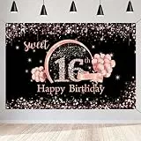 16. Geburtstag Mädchen Deko, Sweet 16 Banner Schwarz und Roségold, Stoff Schild 16 Geburtstag Plakat, Süßer 16. Hintergrund Banner Geburtstagsdeko